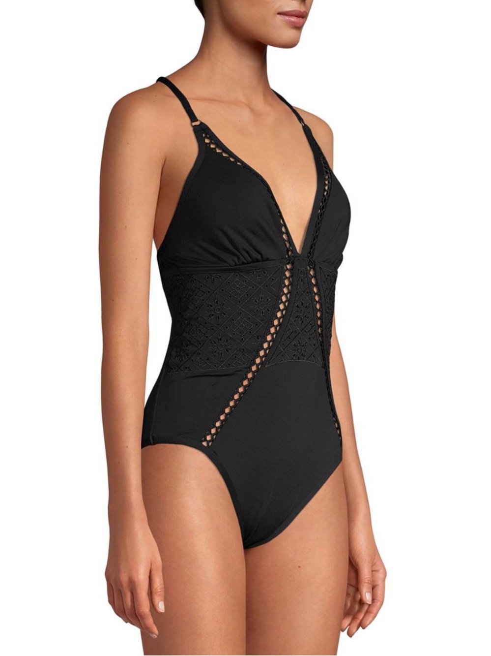 NWT Time and Tru Black Eyelet Lattice One Piece Swimsuit - Size M (8-10)